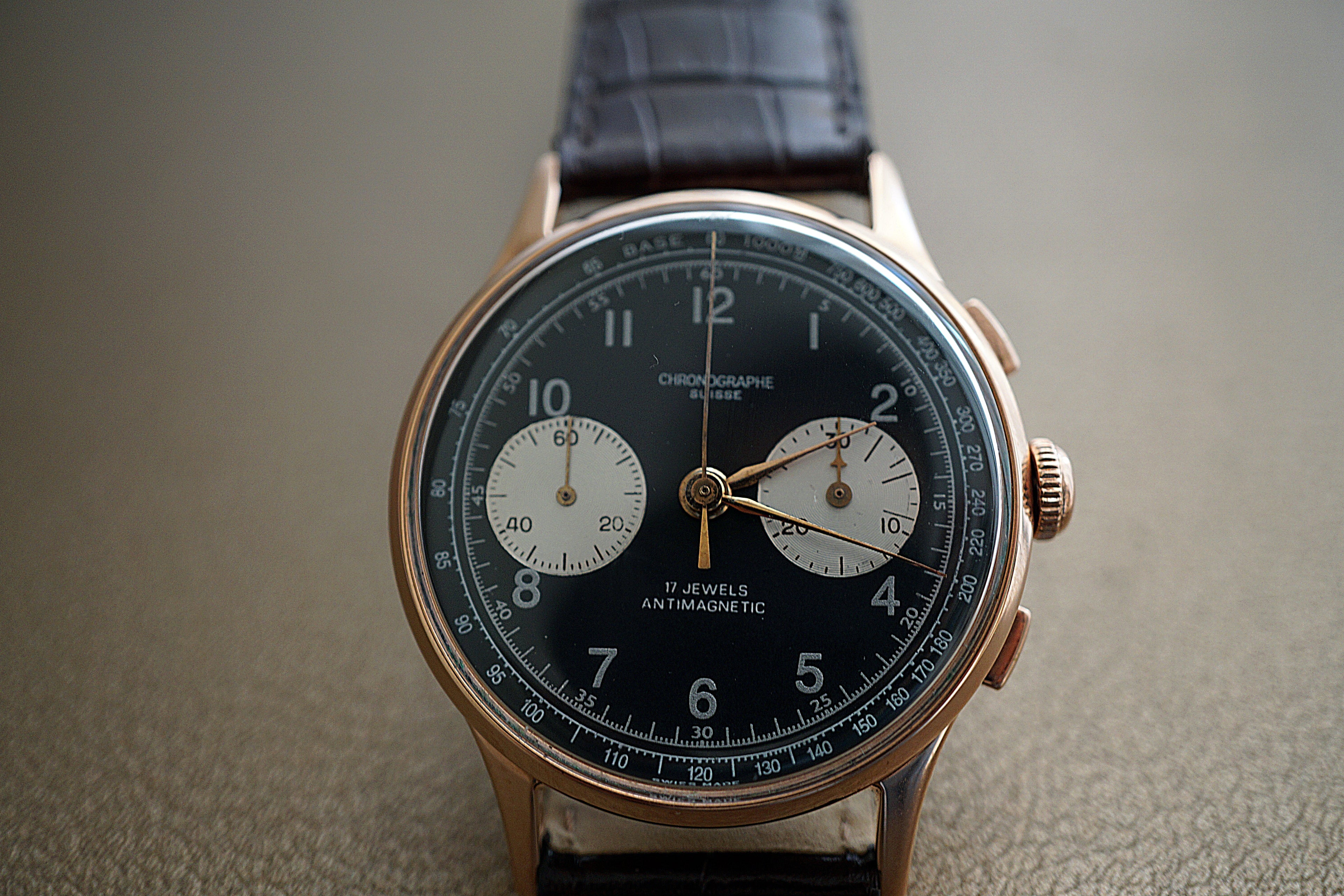 Chronograph Suisse 17 Jewels Antimagnetique panda rose gold